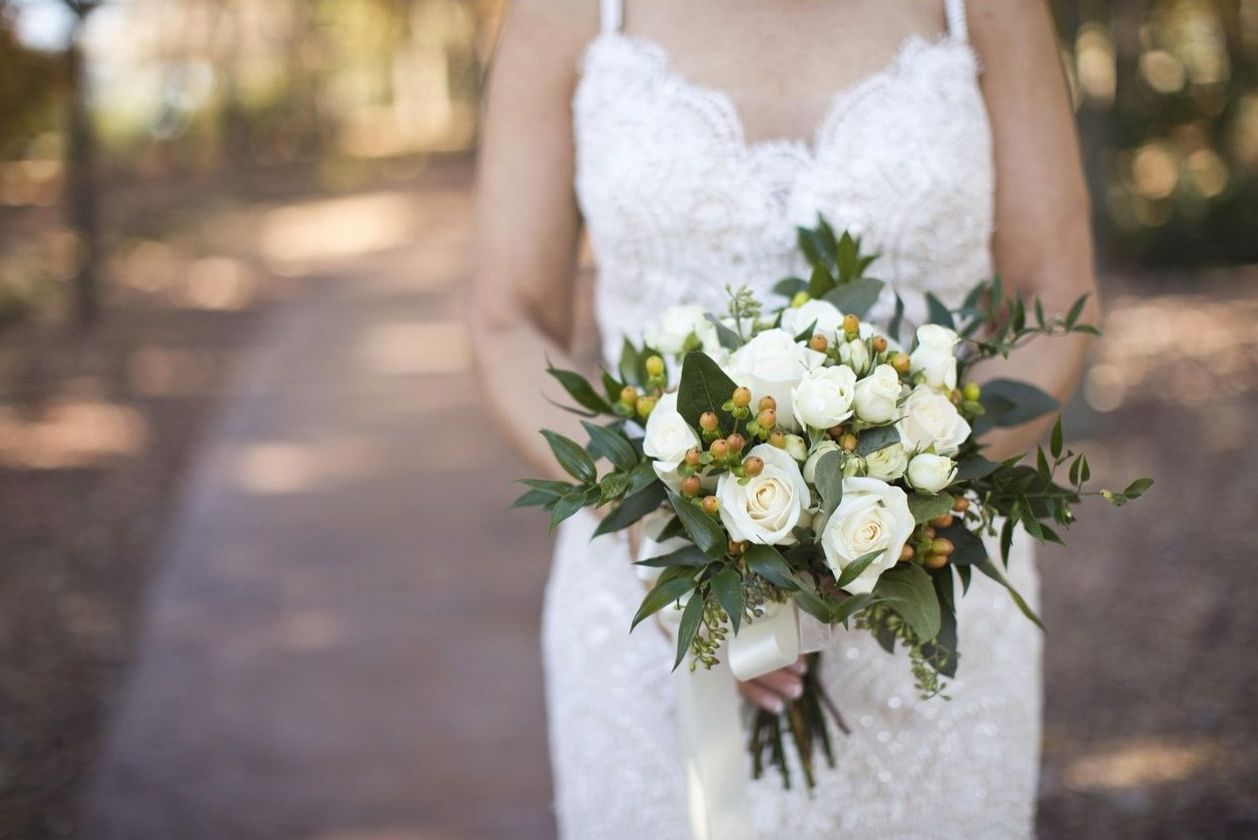 Hand-tied seasonal bouquet on the studio bench